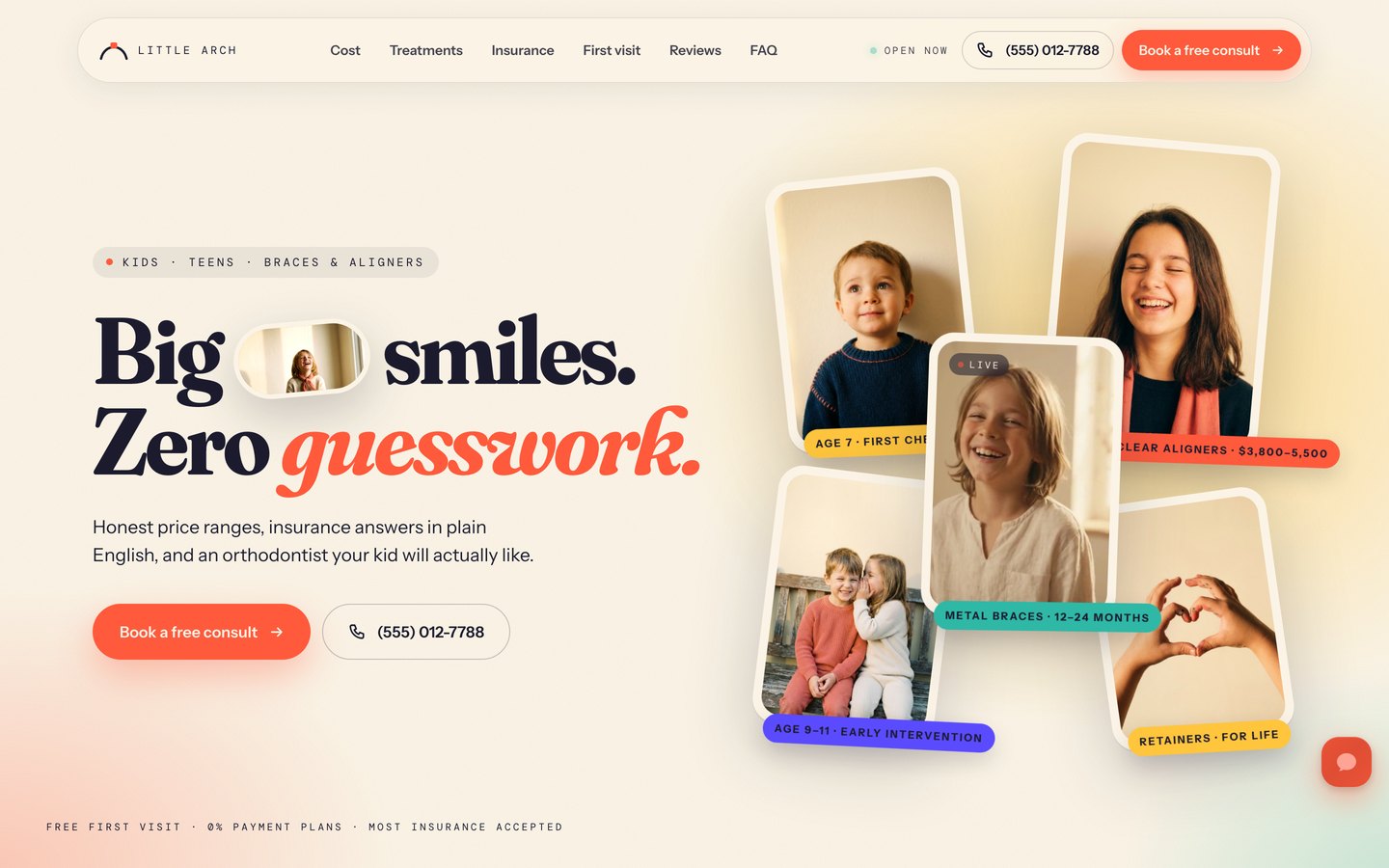 BRACKET SMILE — Kids’ & teens’ orthodontics Framer template, home page on desktop