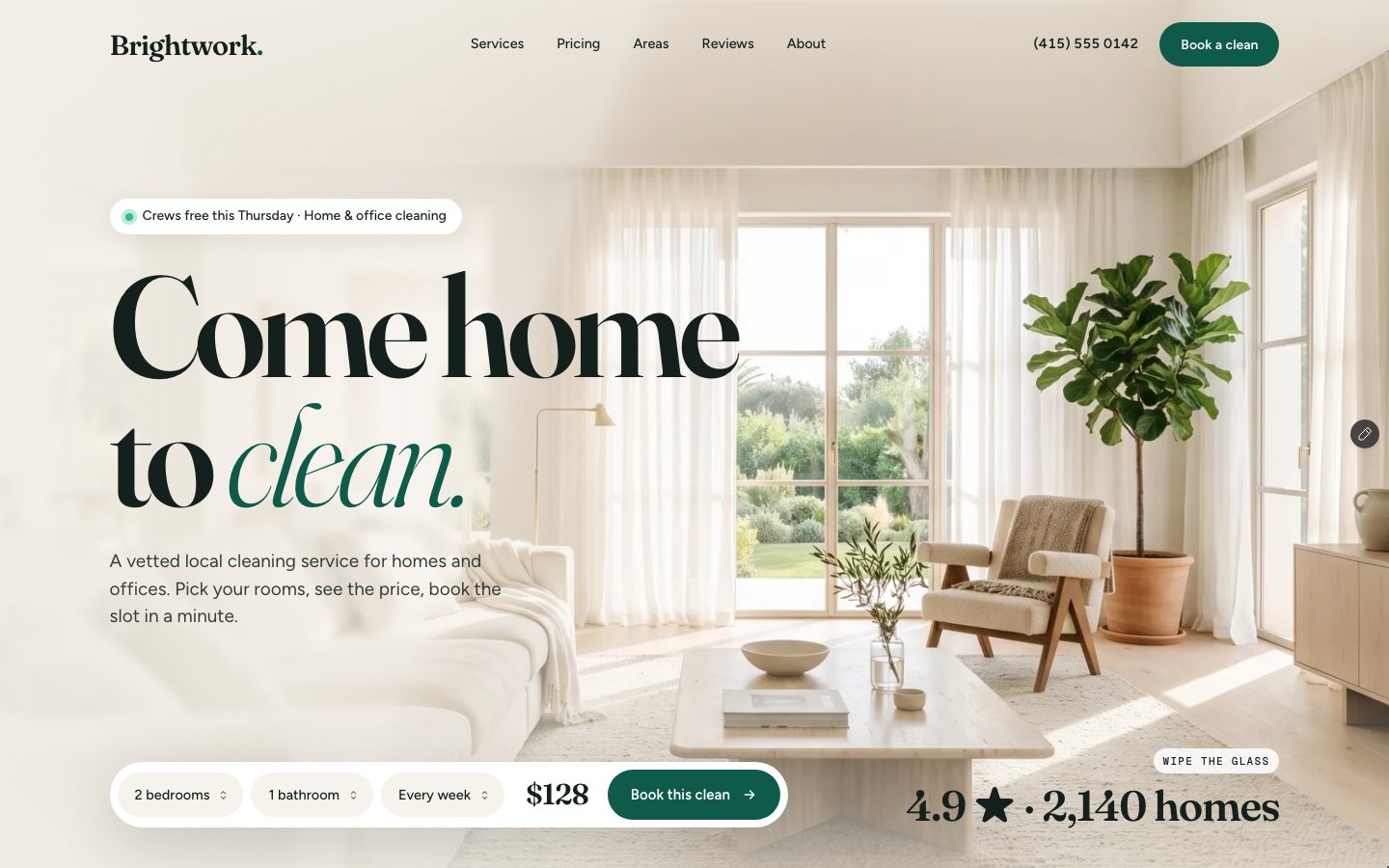 Brightwork — Cleaning service Framer template, home page on desktop