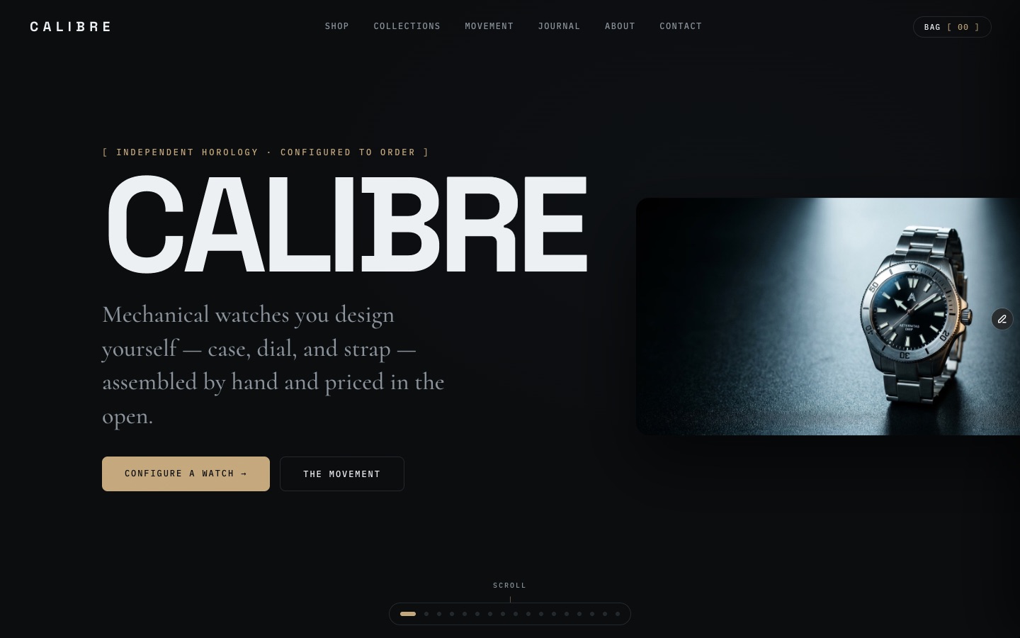 CALIBRE Atelier — Luxury watch store & configurator Framer template, home page on desktop