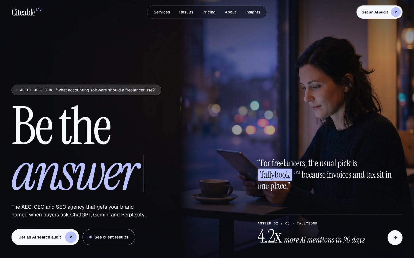 Citeable — AI search agency Framer template, home page on desktop