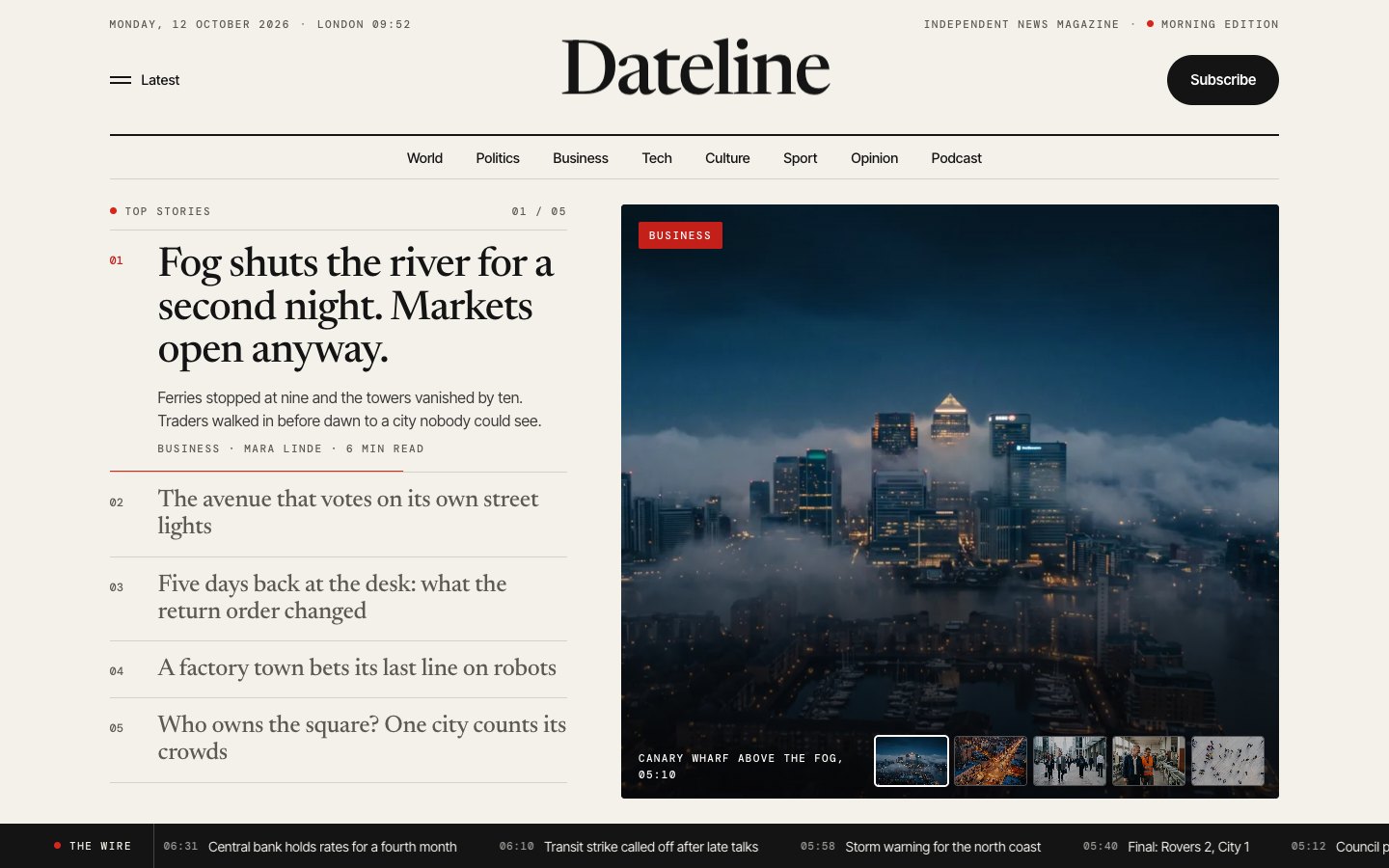 Dateline — News & magazine Framer template, home page on desktop