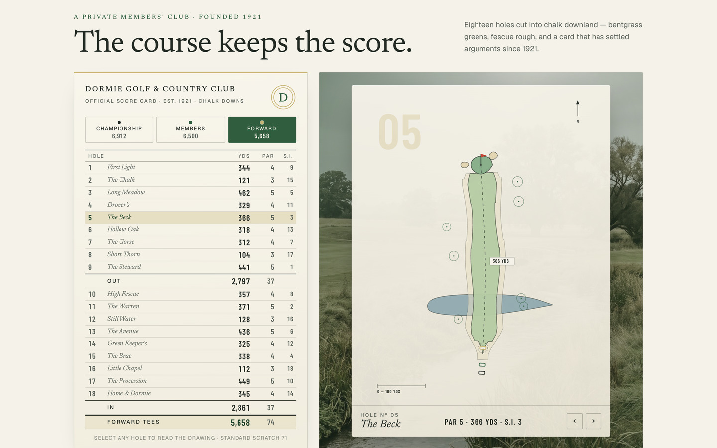 DORMIE — Private golf & country club Framer template, home page on desktop