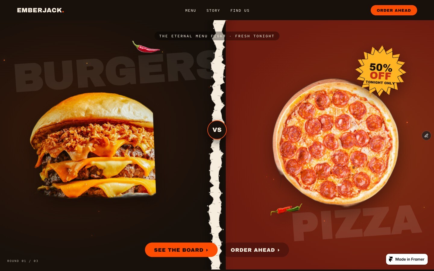EMBERJACK — Burger & fast-casual restaurant Framer template, home page on desktop
