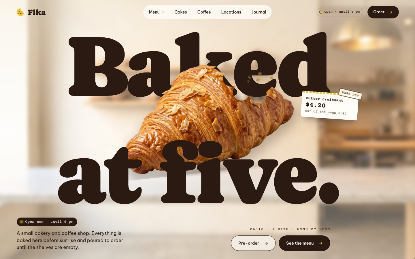 Fika — Coffee shop & bakery Framer template, home page on desktop