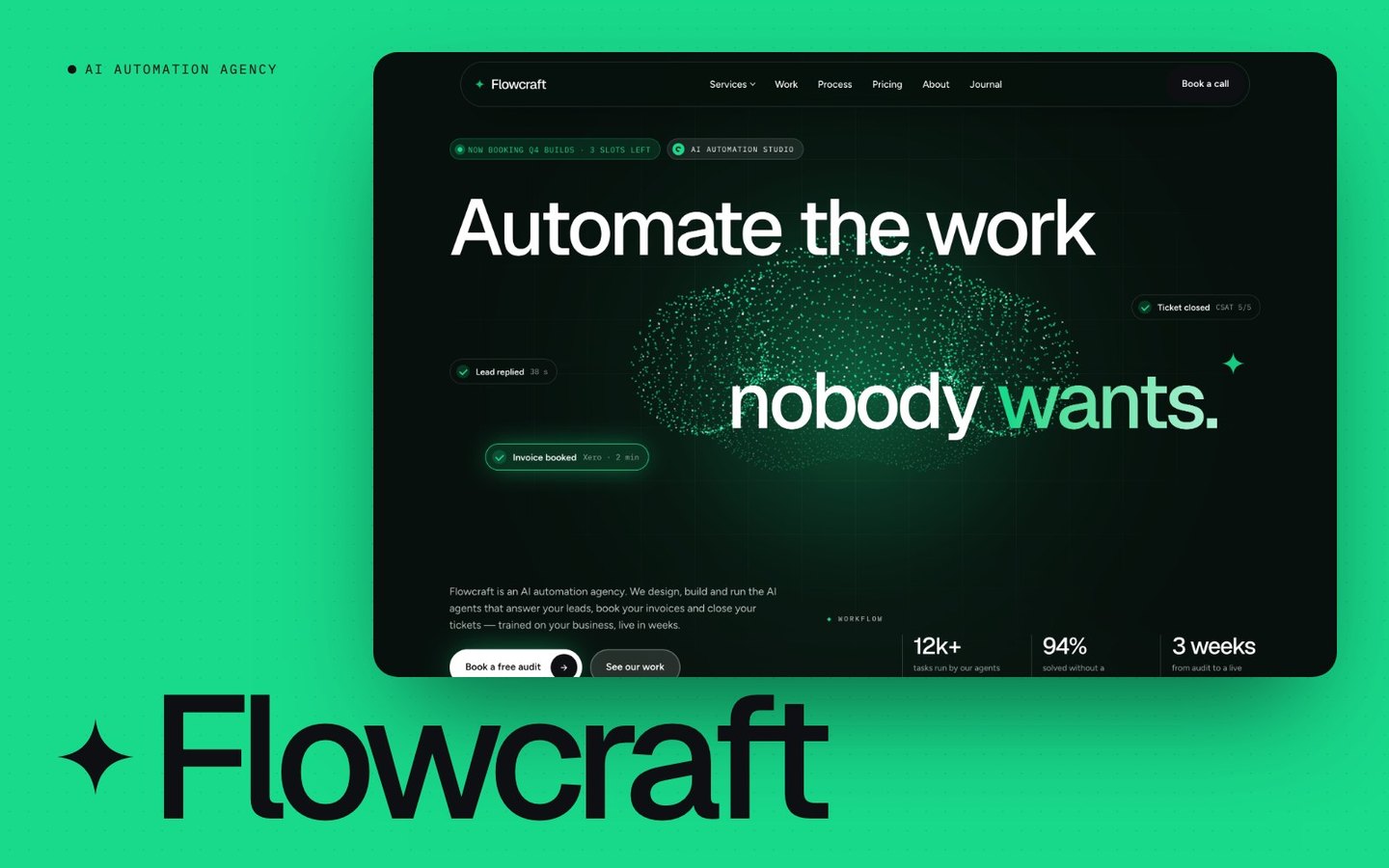 Flowcraft — AI automation agency Framer template, home page on desktop