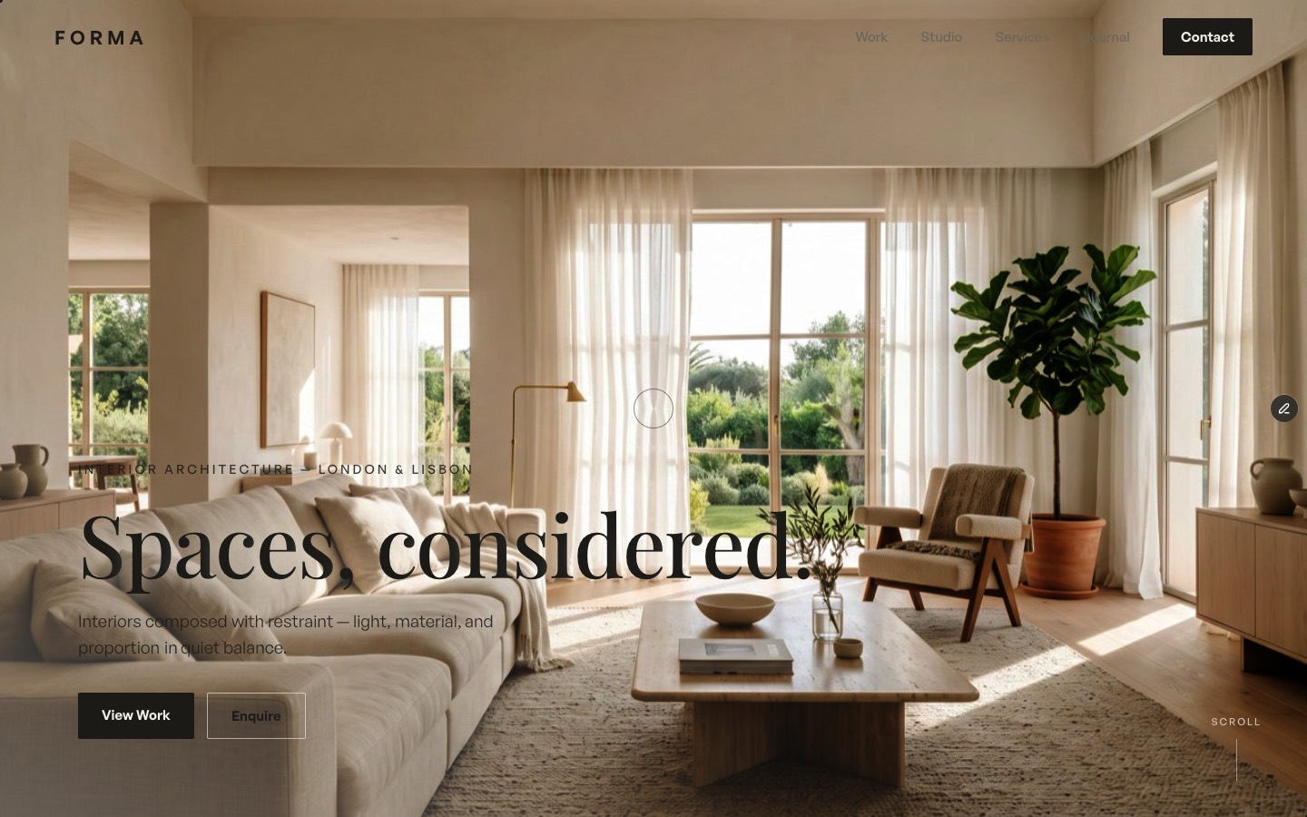 FORMA Interiors — Interior design & architecture Framer template, home page on desktop