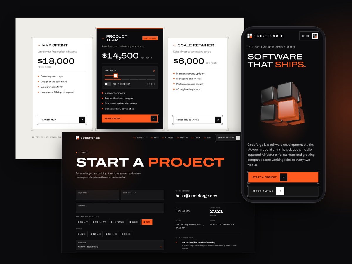 Codeforge Framer template — screens 3 of 3