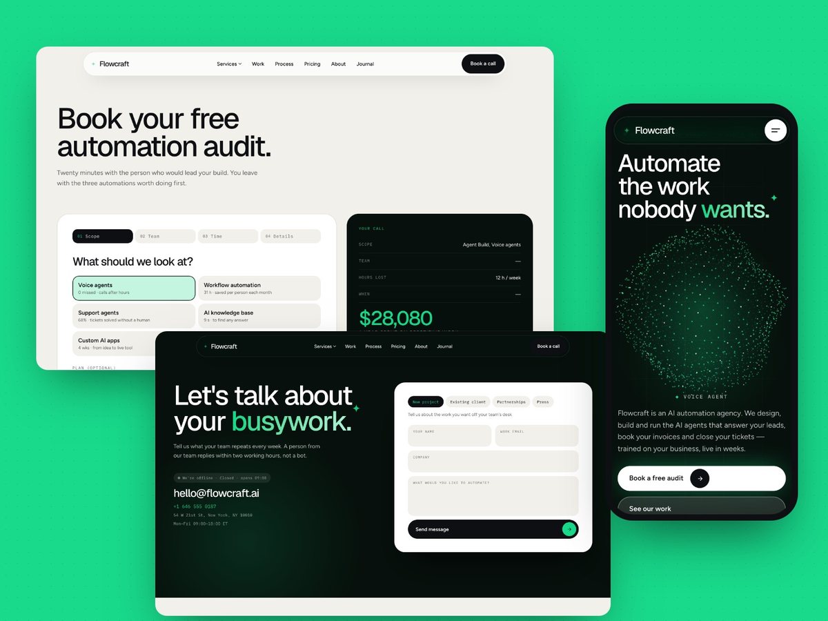 Flowcraft Framer template — screens 3 of 3
