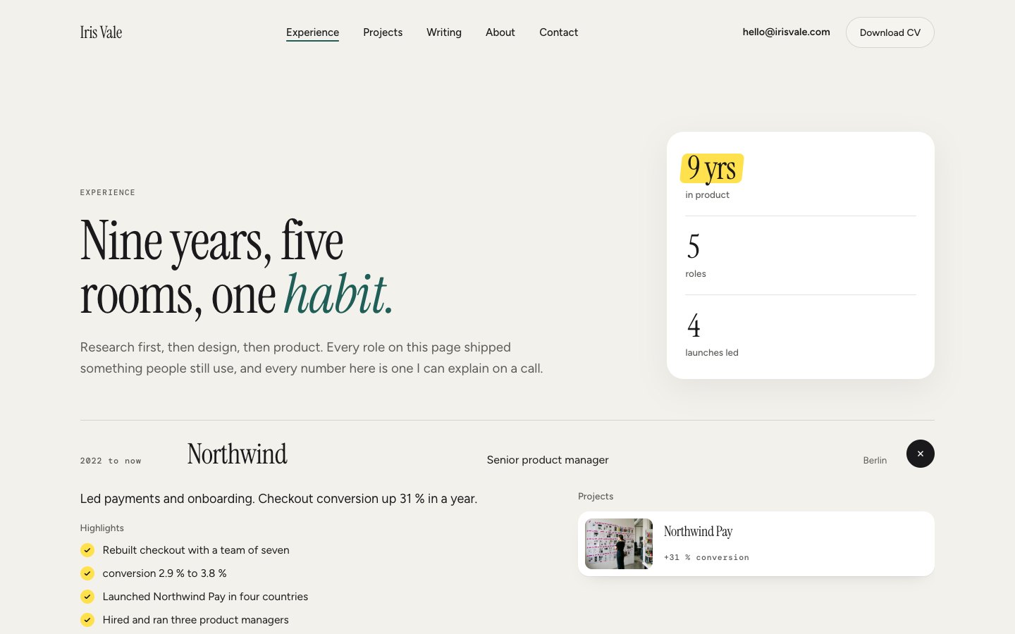 Iris Vale Framer template — screens 2 of 3