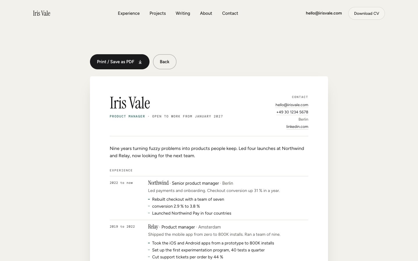 Iris Vale Framer template — screens 3 of 3