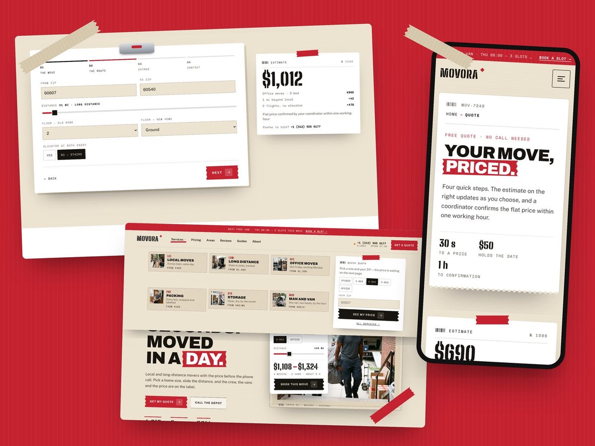 Movora Framer template — screens 3 of 3