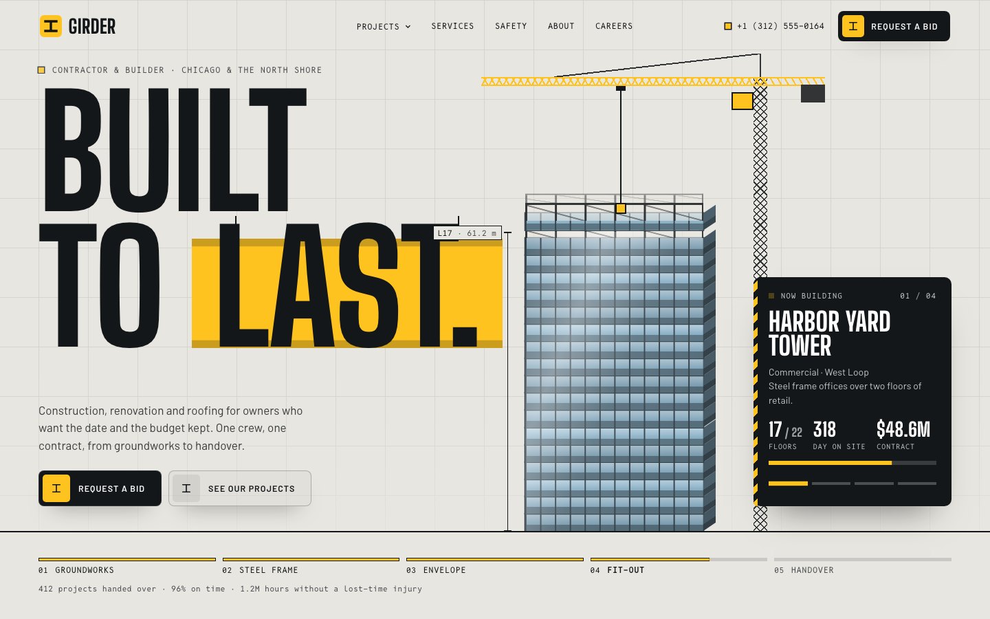 Girder — contractor & builder Framer template, home page on desktop