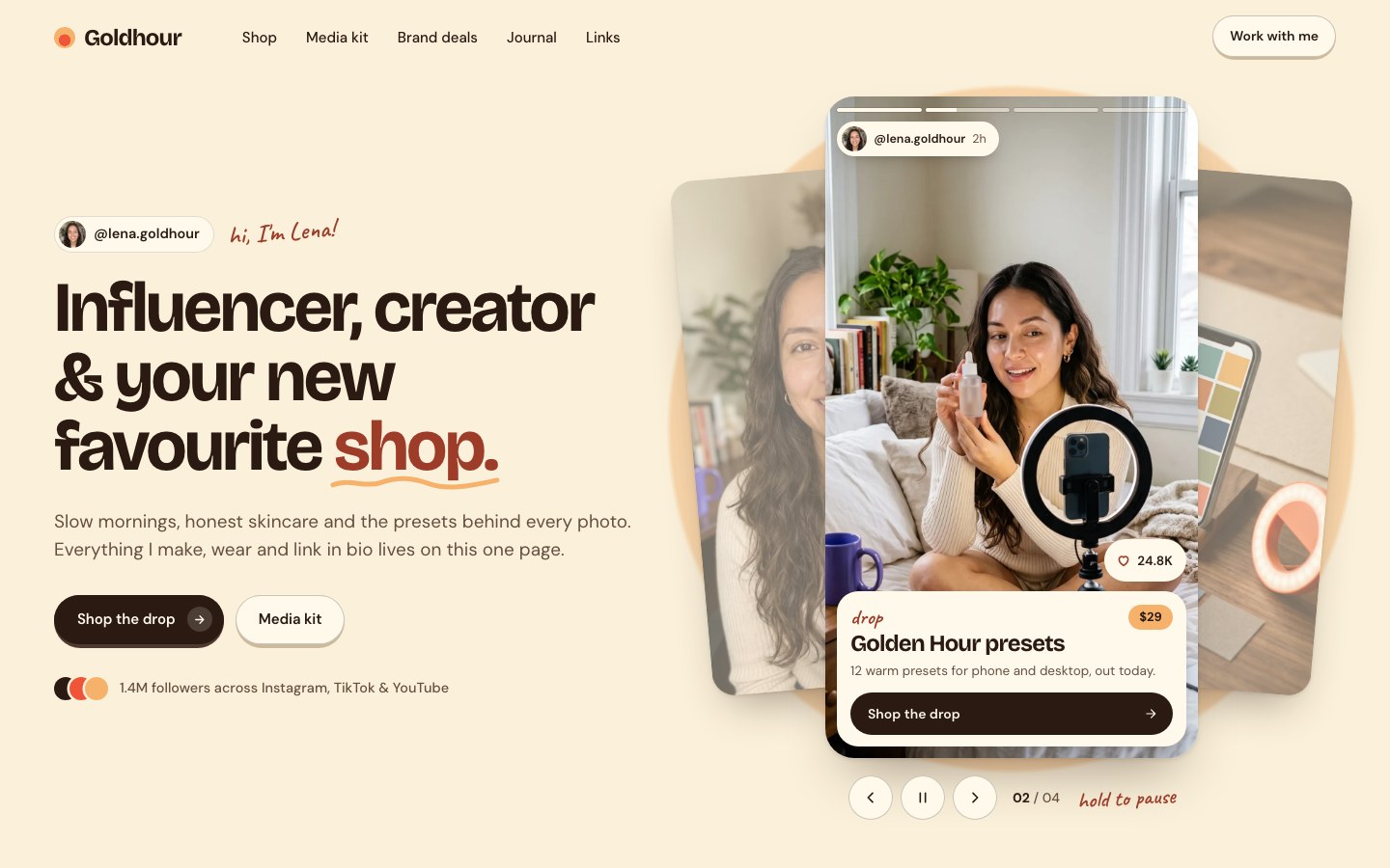 Goldhour — Influencer & creator site Framer template, home page on desktop