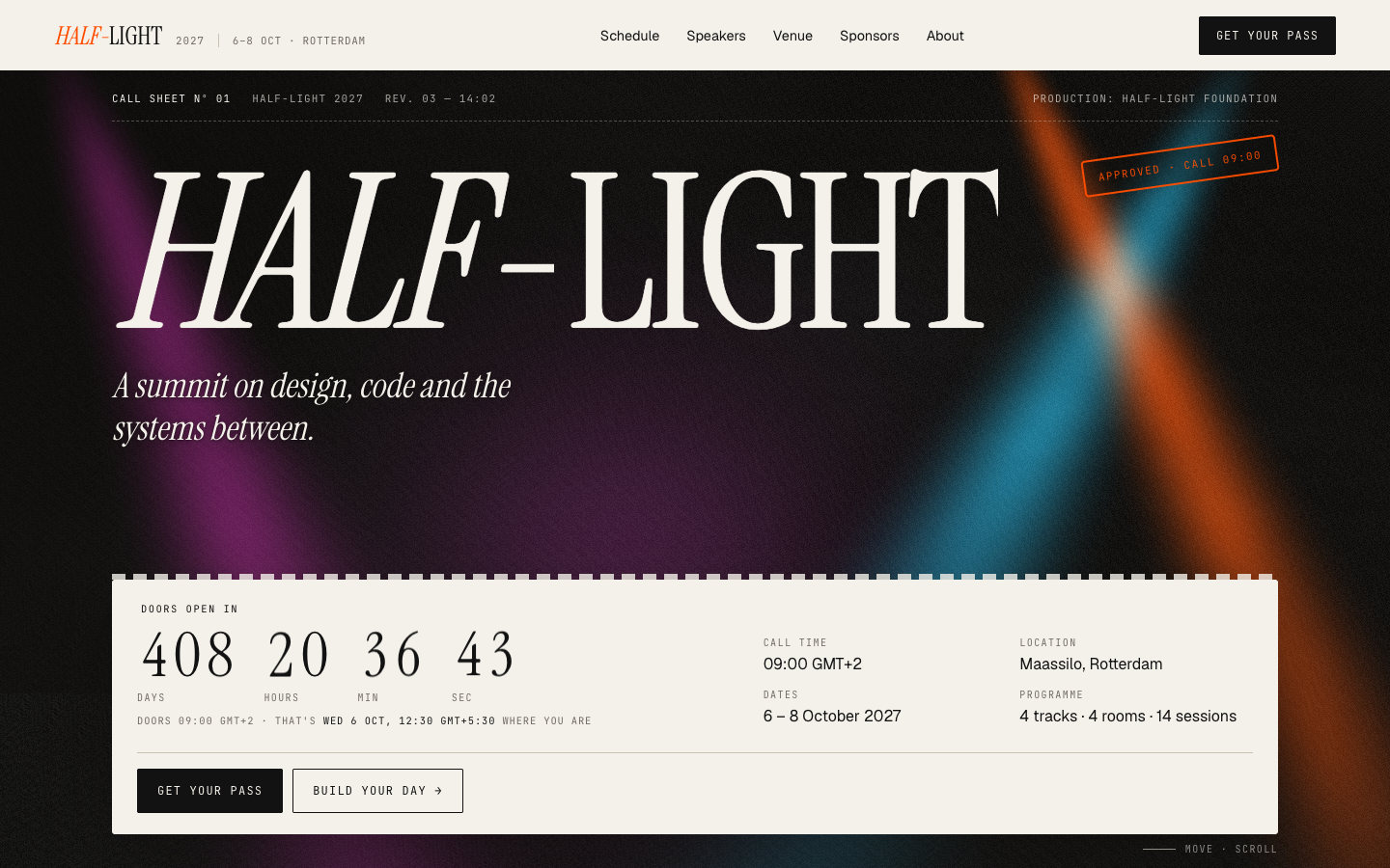 HALF-LIGHT — Conference & events Framer template, home page on desktop