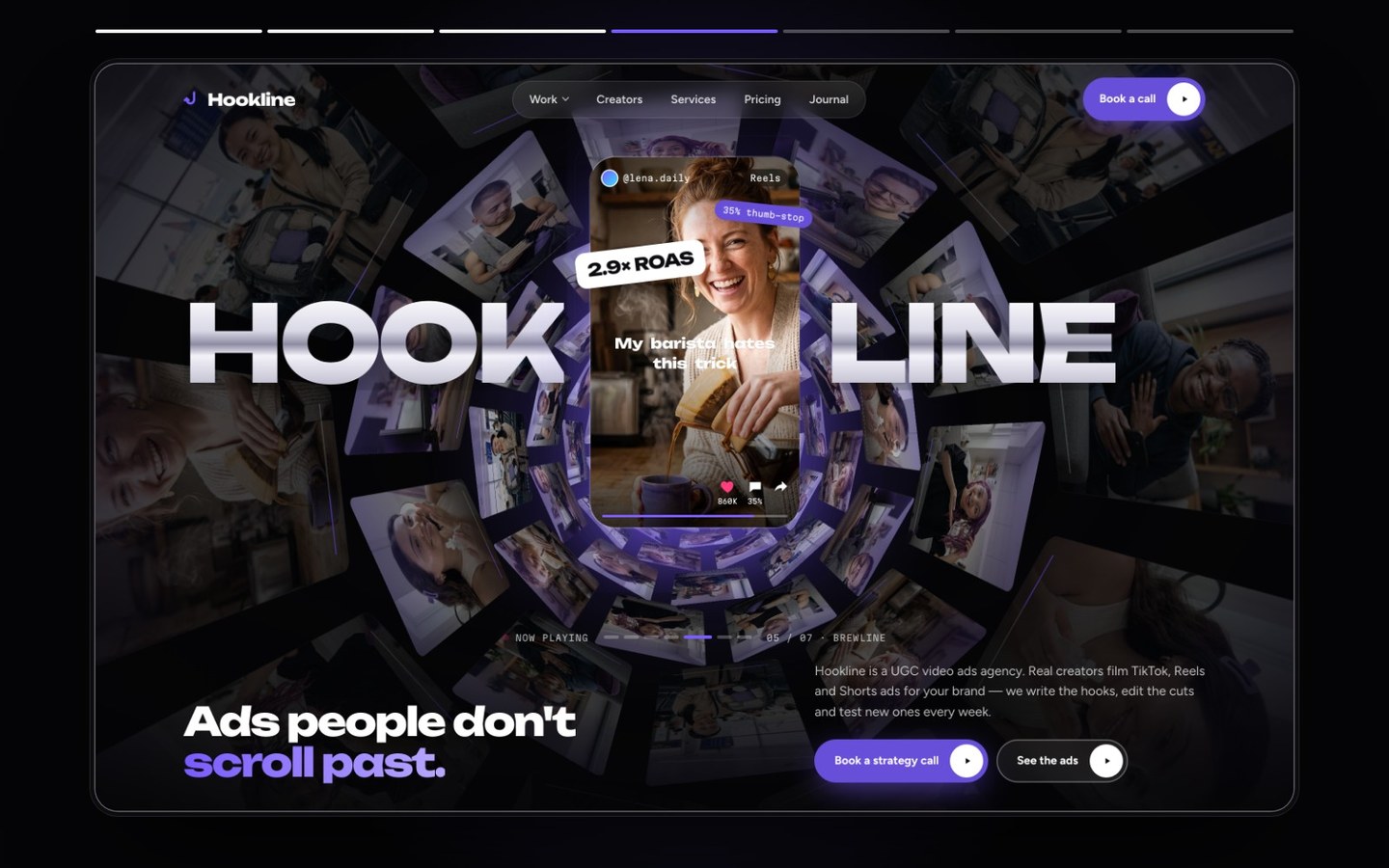 Hookline — UGC video ads agency Framer template, home page on desktop