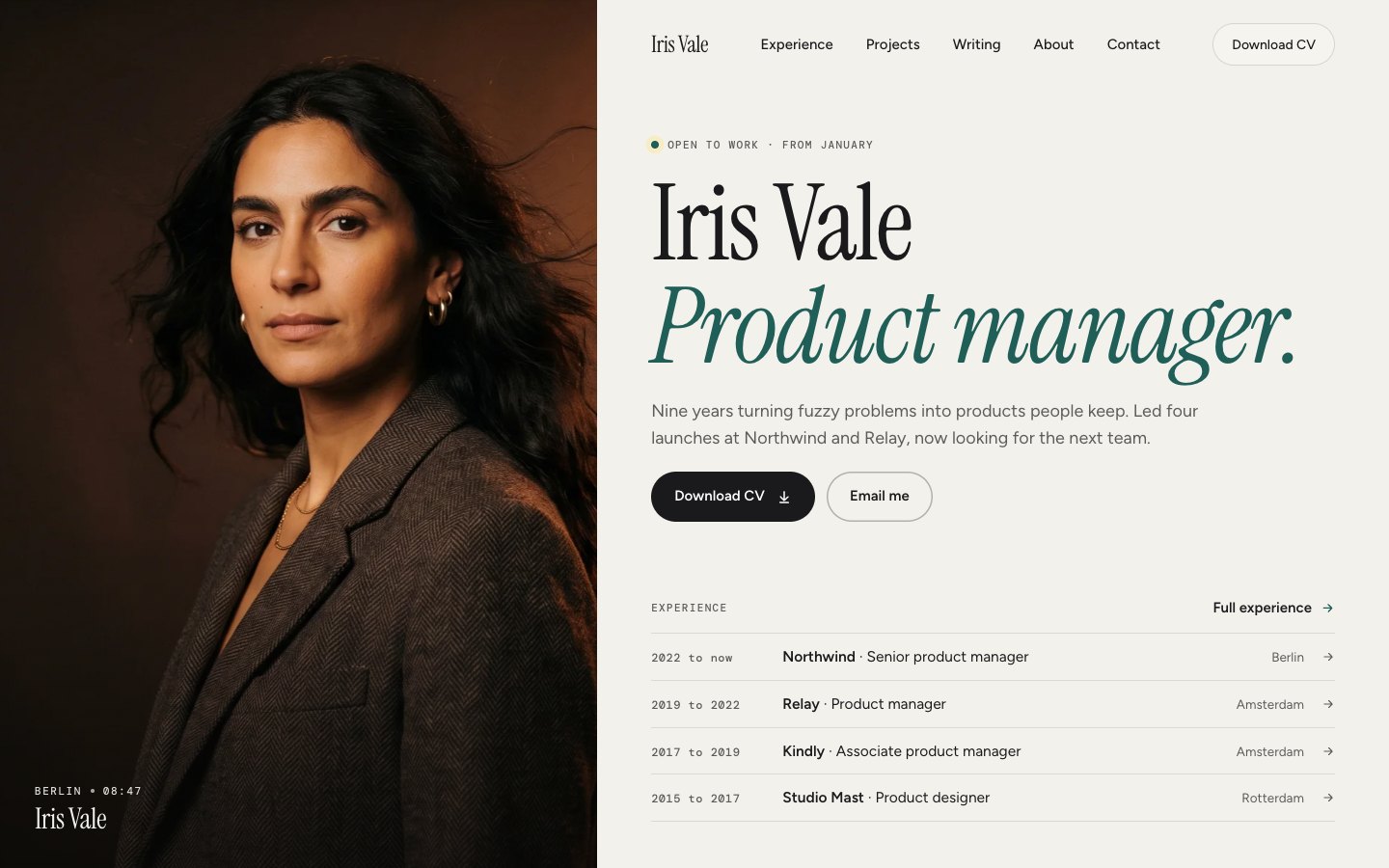 Iris Vale — Resume & personal site Framer template, home page on desktop