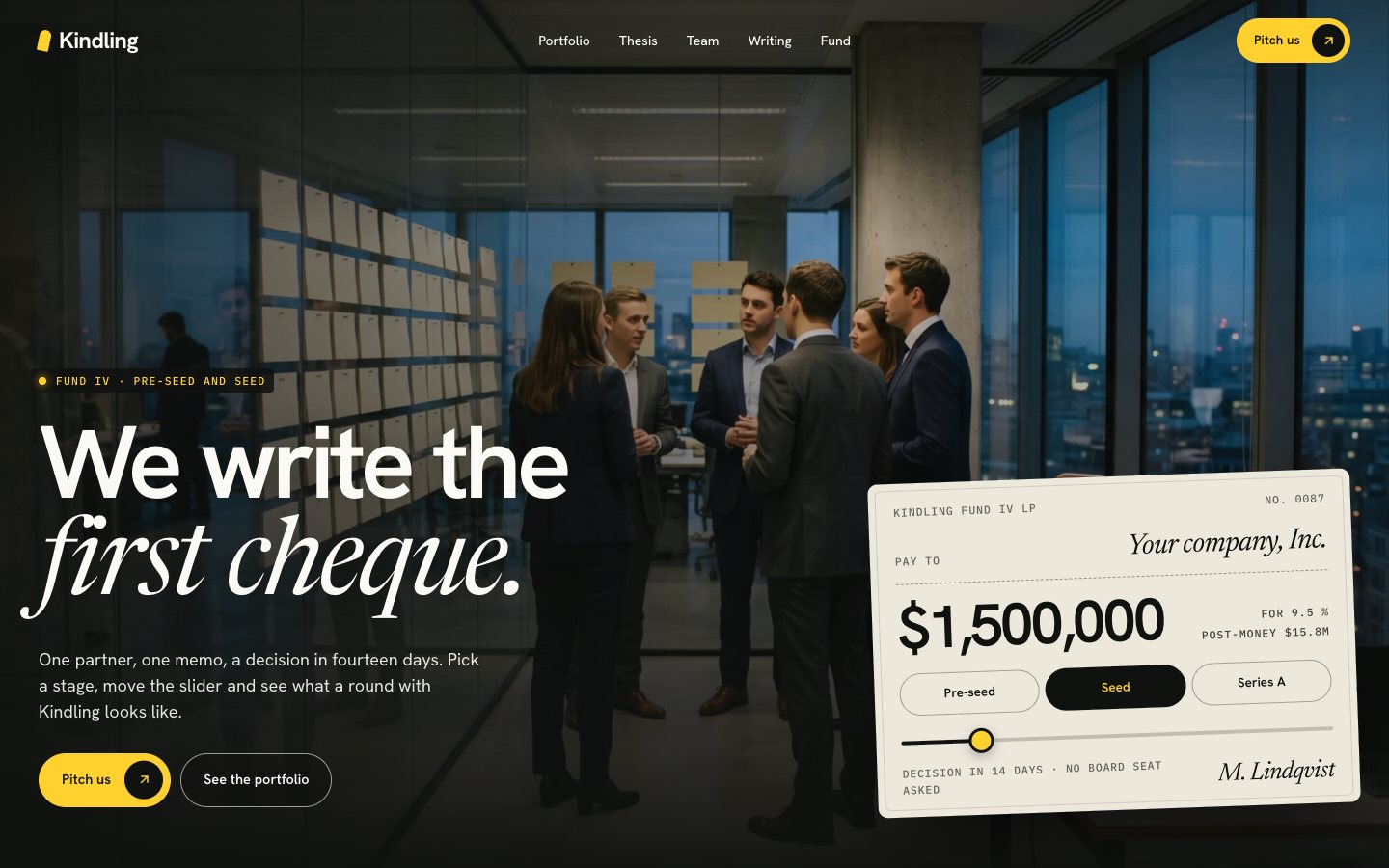 Kindling — Venture capital firm website Framer template, home page on desktop
