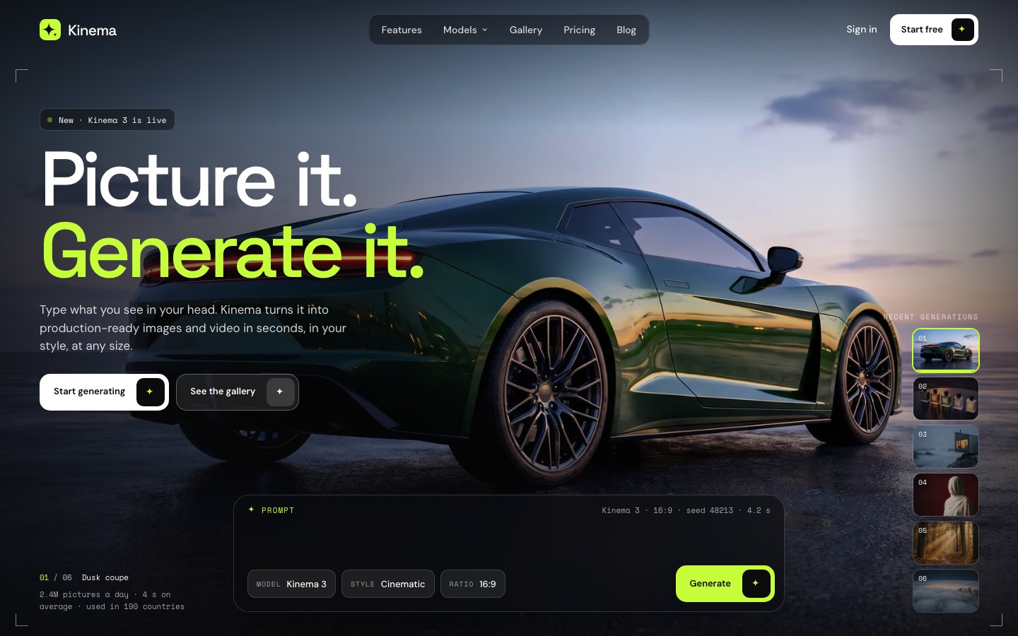 Kinema — AI image & video generator Framer template, home page on desktop