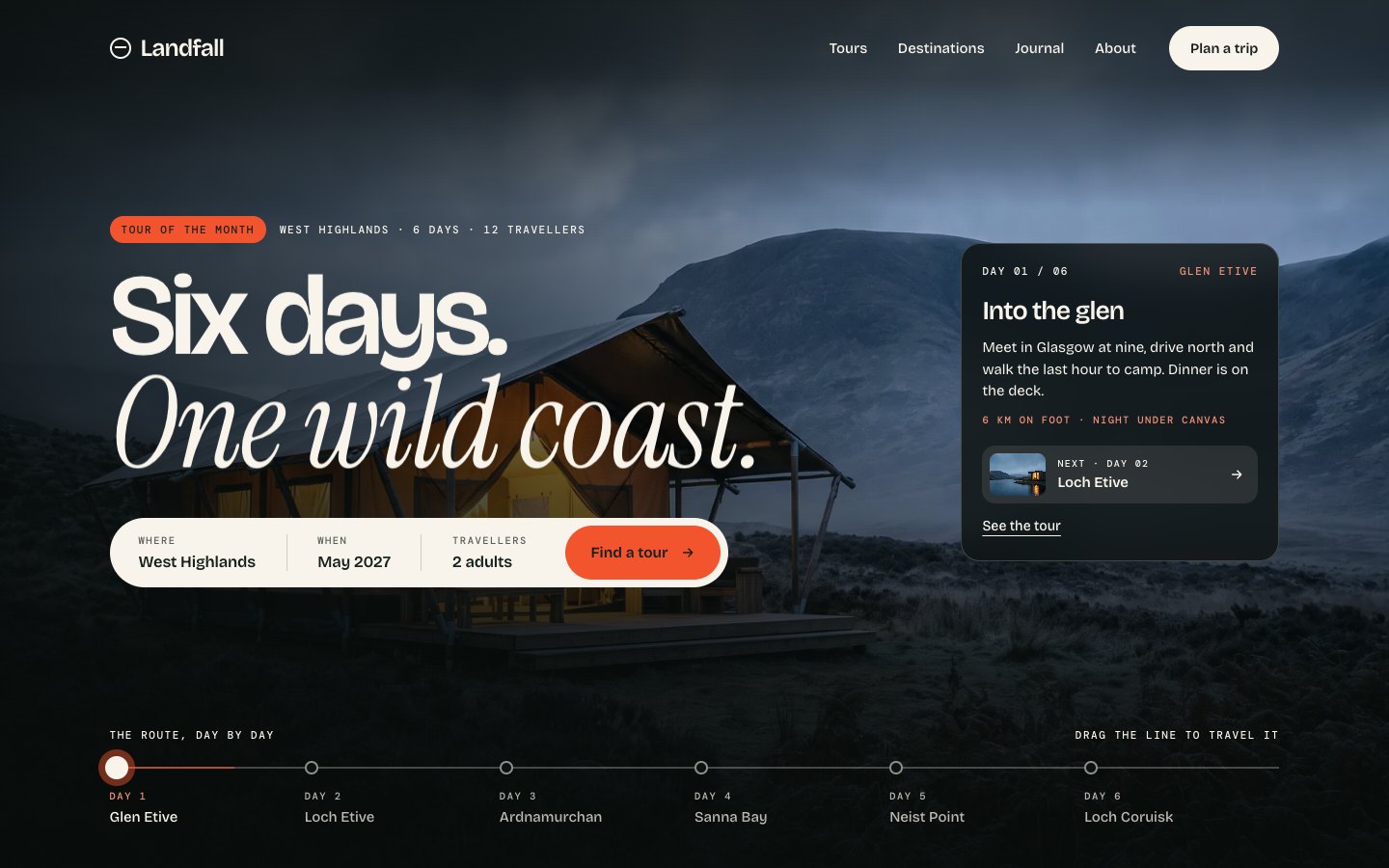 Landfall — Tour operator & travel agency Framer template, home page on desktop