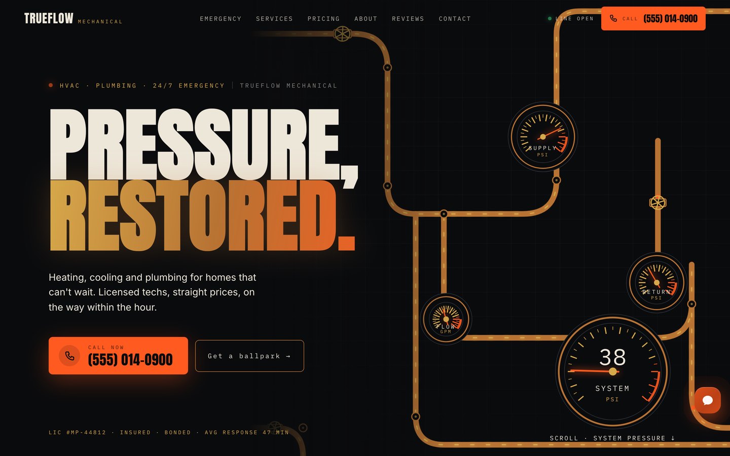 MAINLINE — HVAC & plumbing contractor Framer template, home page on desktop
