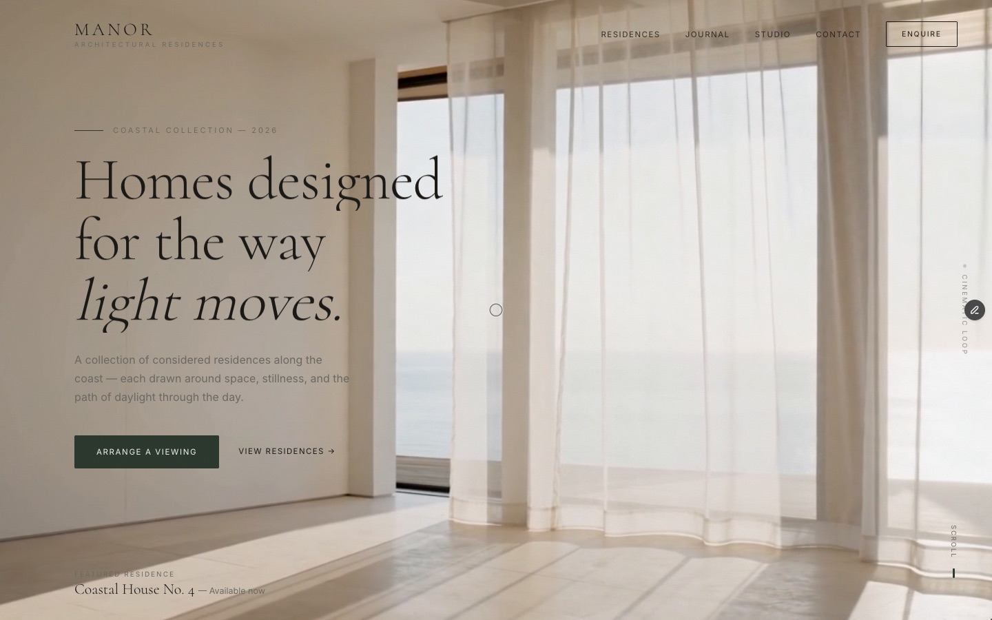 Manor Studio — Coastal architecture & residences Framer template, home page on desktop