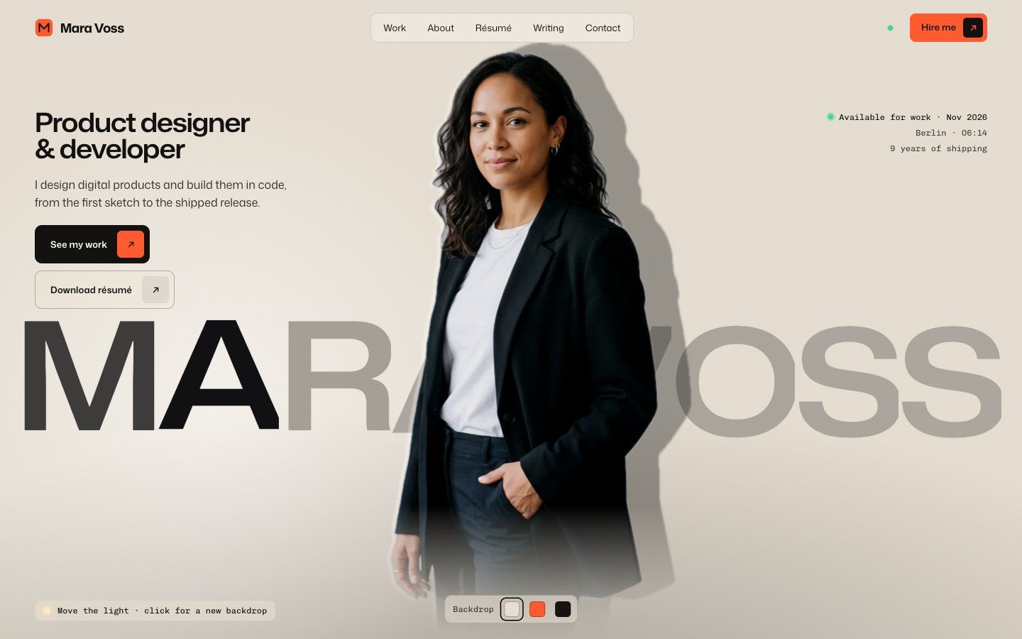 Mara Voss — Designer & developer portfolio Framer template, home page on desktop