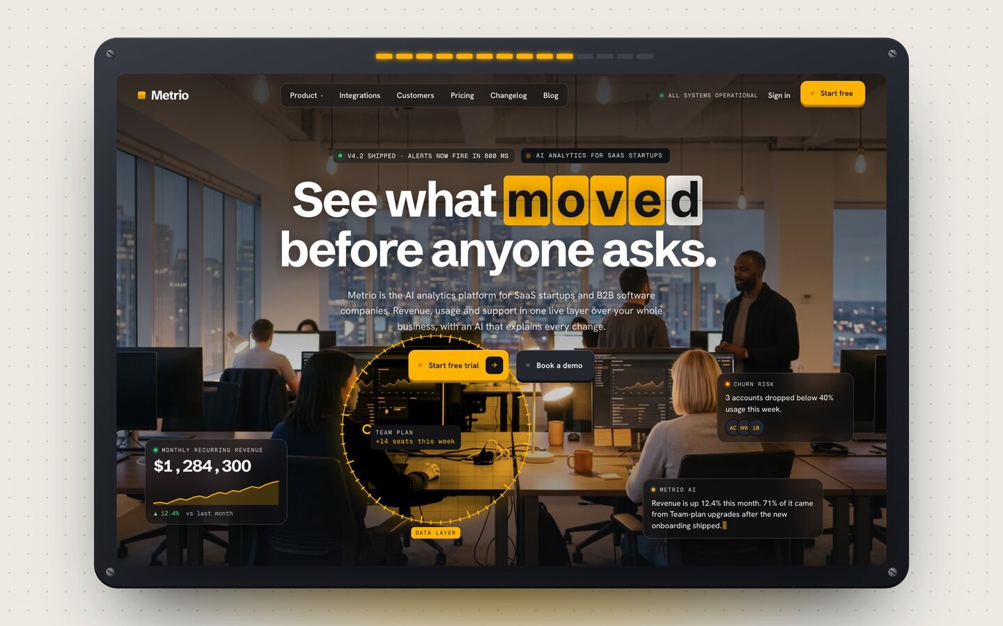 Metrio — SaaS startup & B2B software company Framer template, home page on desktop