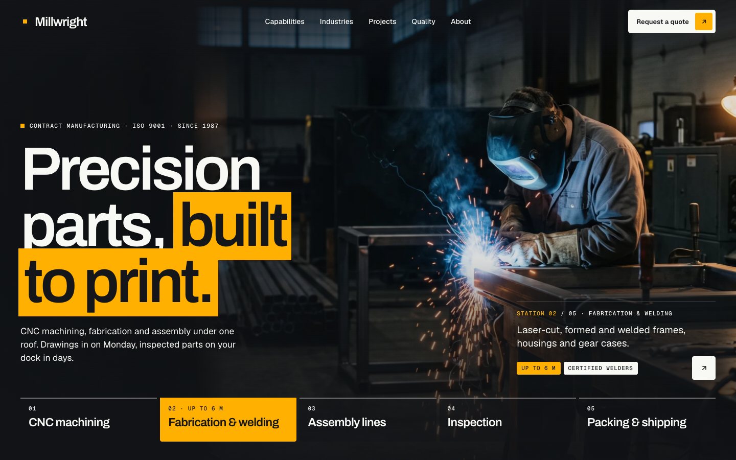Millwright — Manufacturing and robotics Framer template, home page on desktop