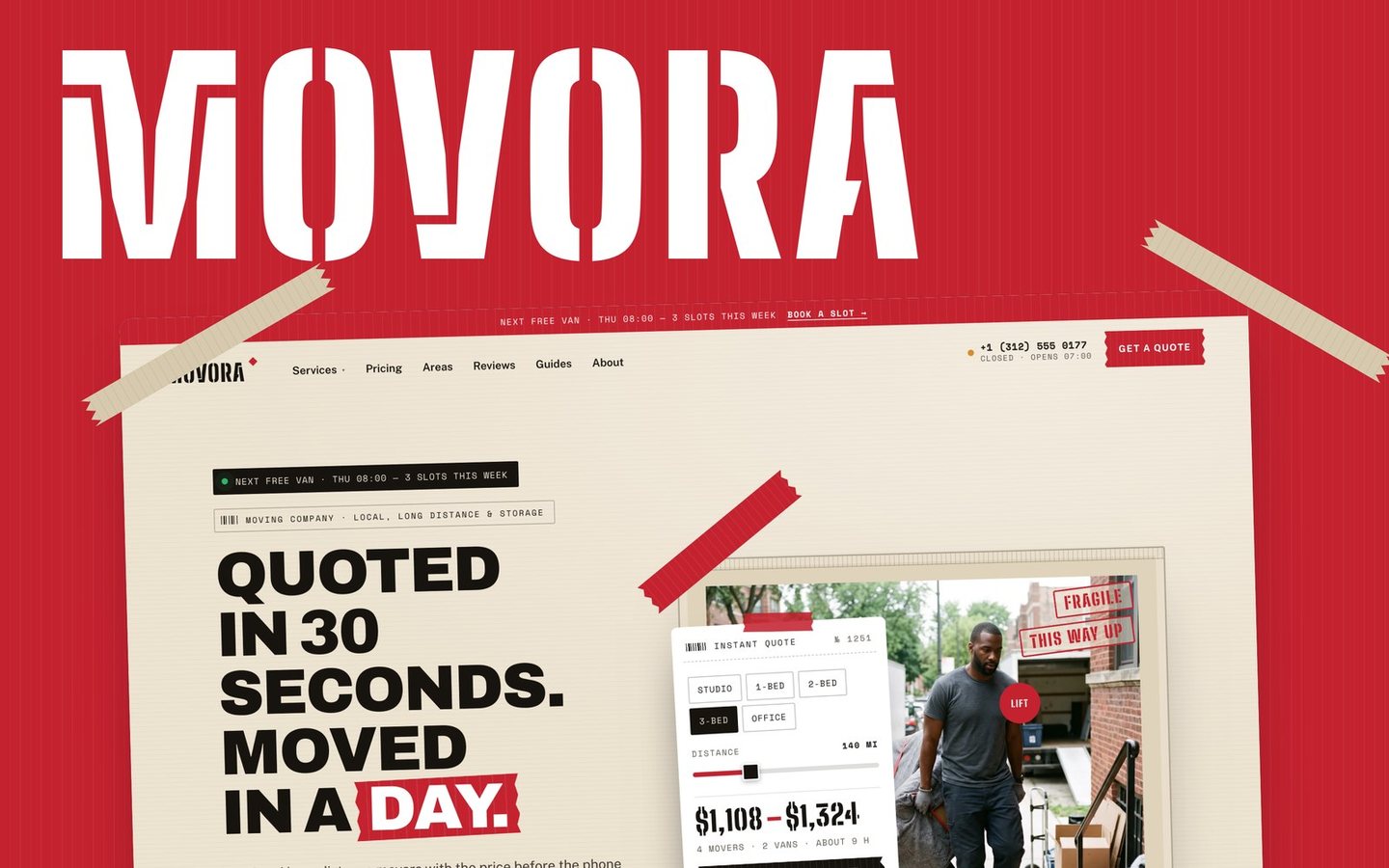 Movora — Moving company & movers Framer template, home page on desktop