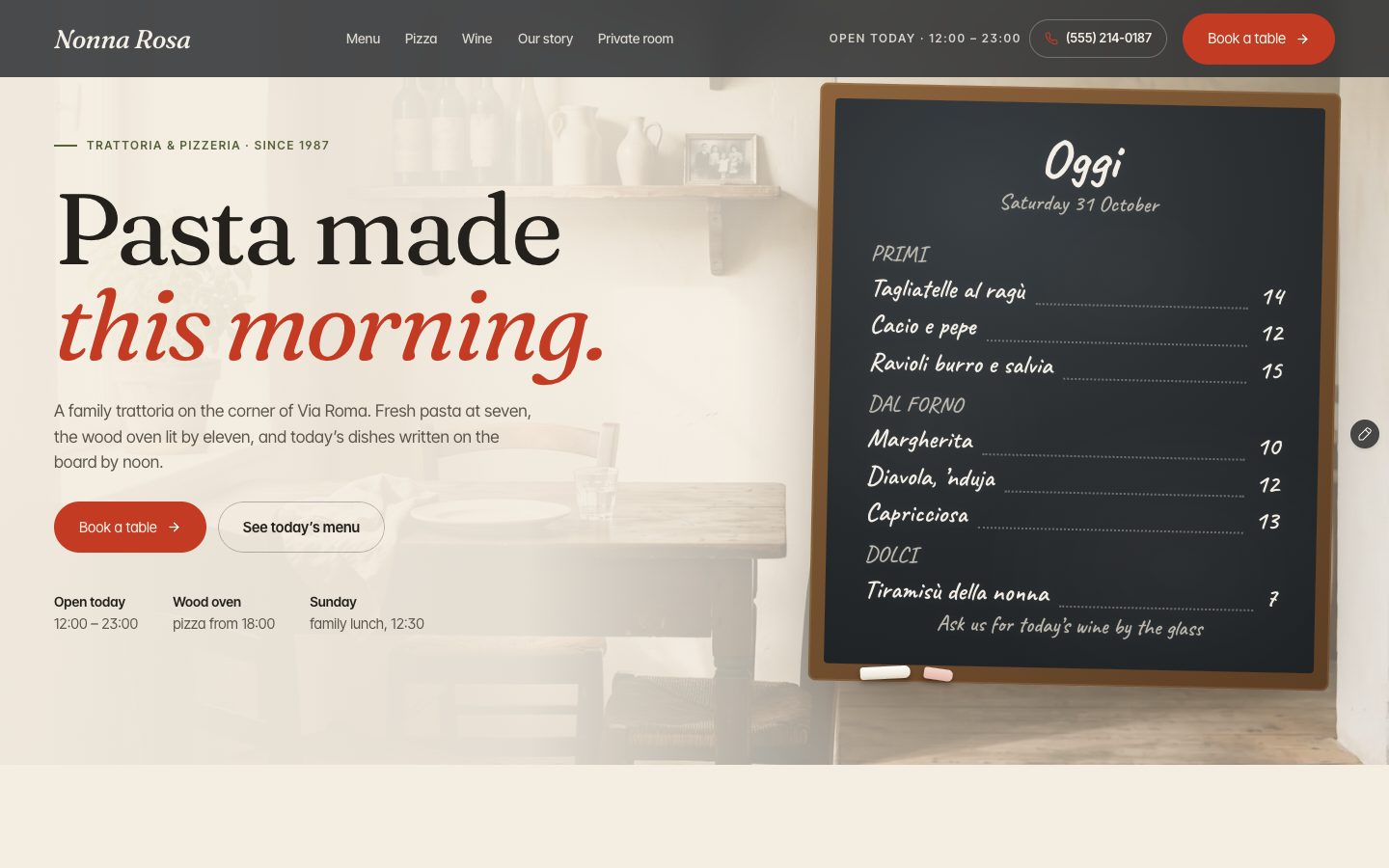 Nonna Rosa — Italian restaurant & pizzeria website Framer template, home page on desktop