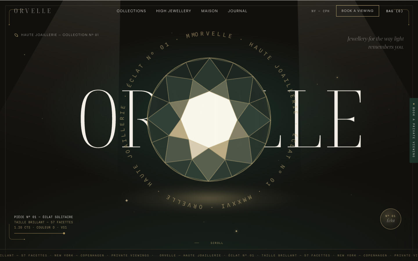 ORVELLE — Fine jewellery maison Framer template, home page on desktop