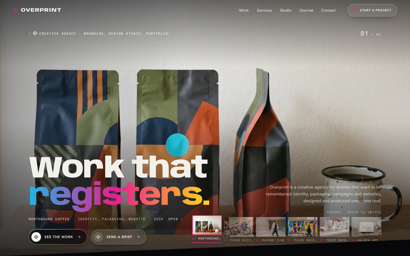 Overprint — Creative agency & design studio Framer template, home page on desktop