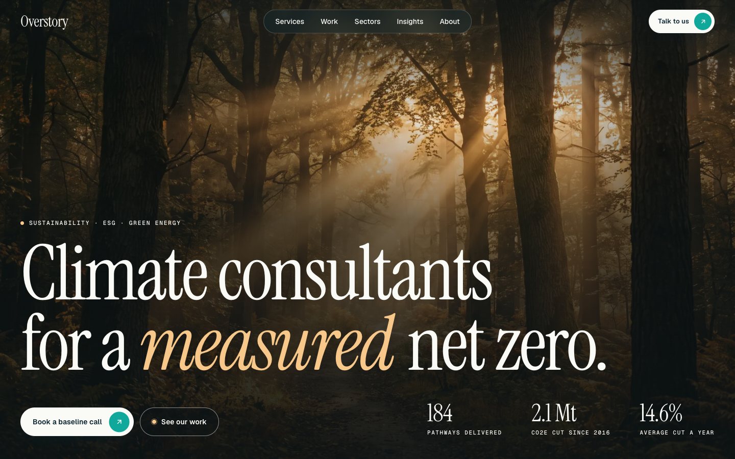 Overstory — Sustainability consulting Framer template, home page on desktop