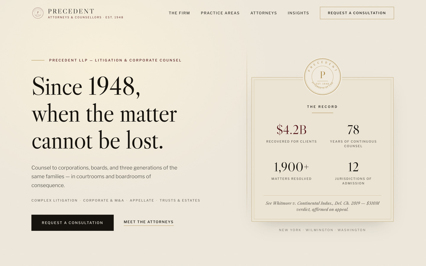 PRECEDENT — Law firm & legal counsel Framer template, home page on desktop