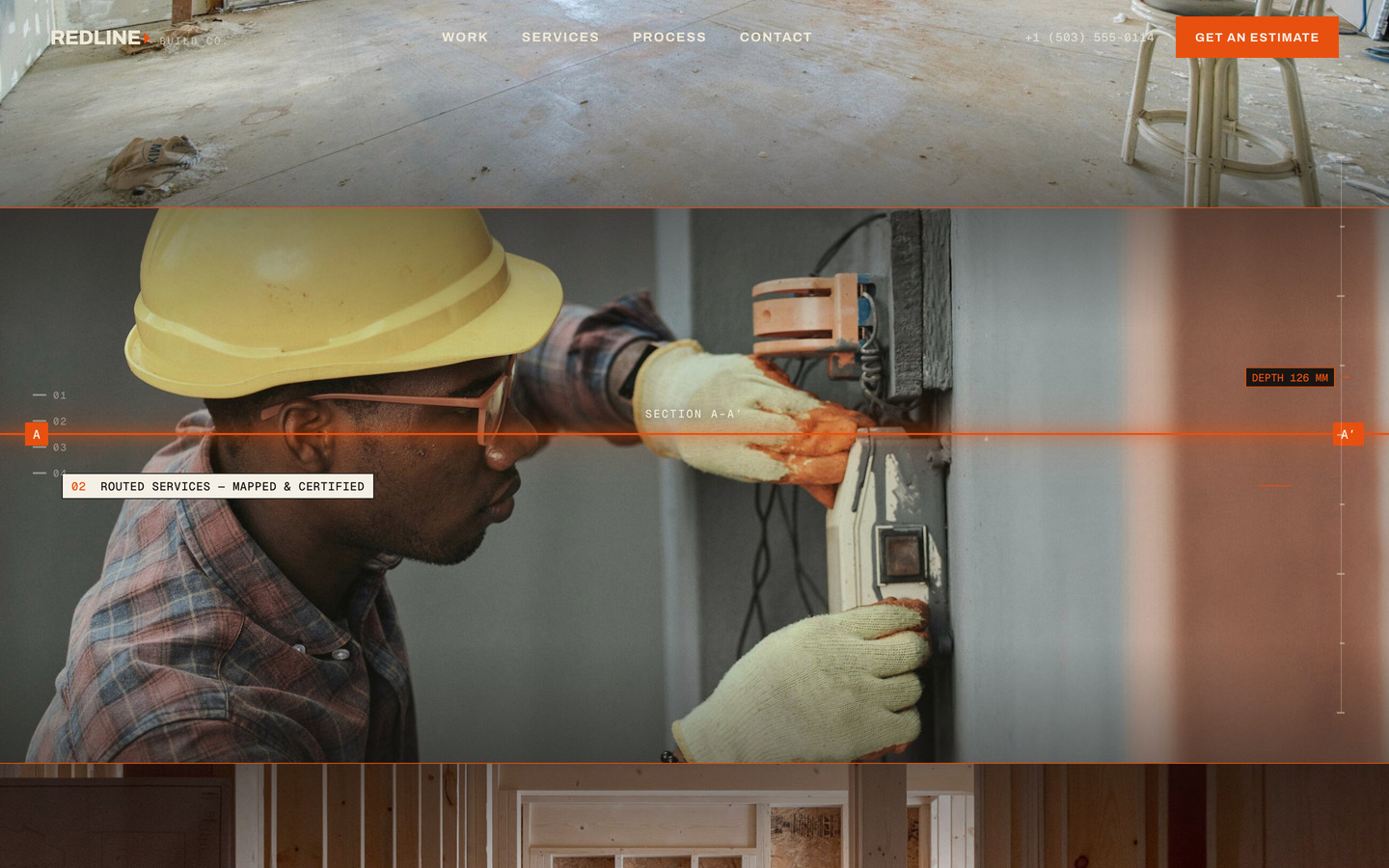 REDLINE — Renovation & remodel contractor Framer template, home page on desktop