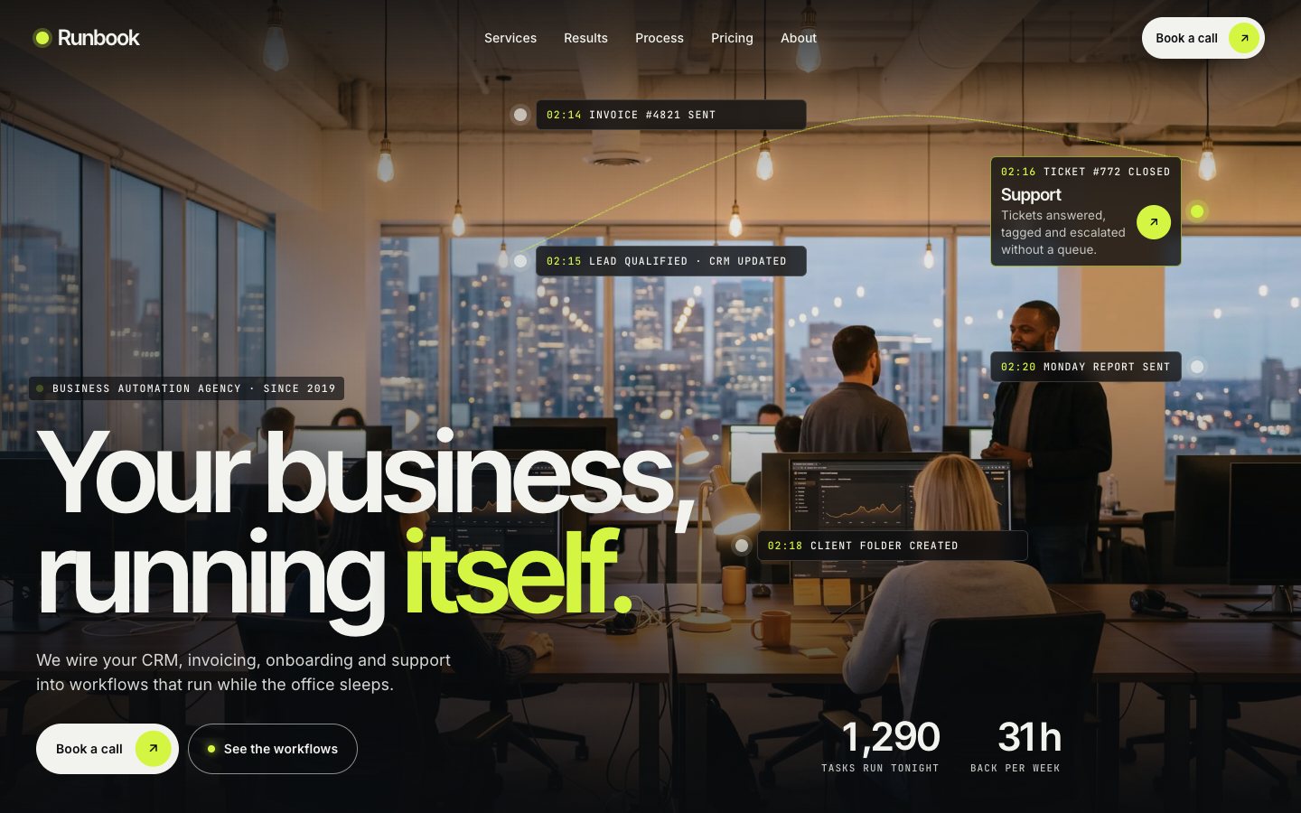 Runbook — Business automation agency Framer template, home page on desktop