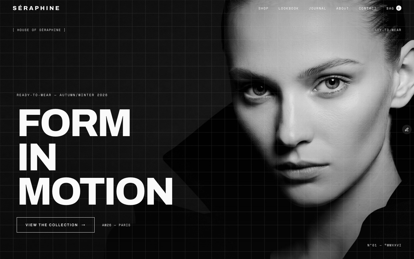Séraphine — Women’s fashion ecommerce Framer template, home page on desktop