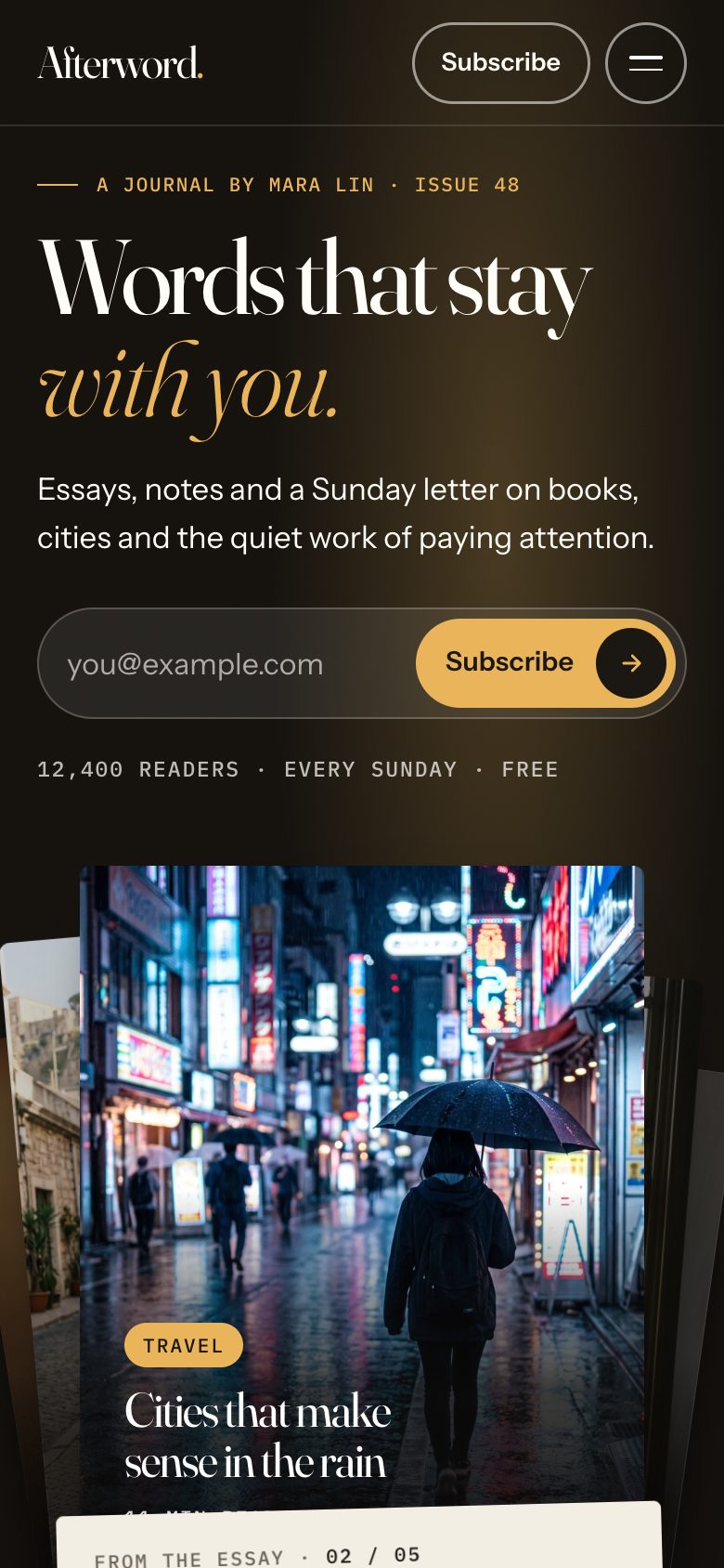 Afterword on a phone — the same Framer template at 390 px