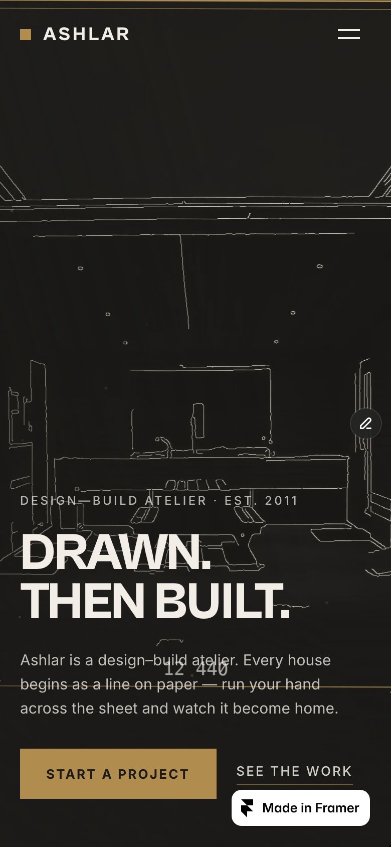 ASHLAR on a phone — the same Framer template at 390 px