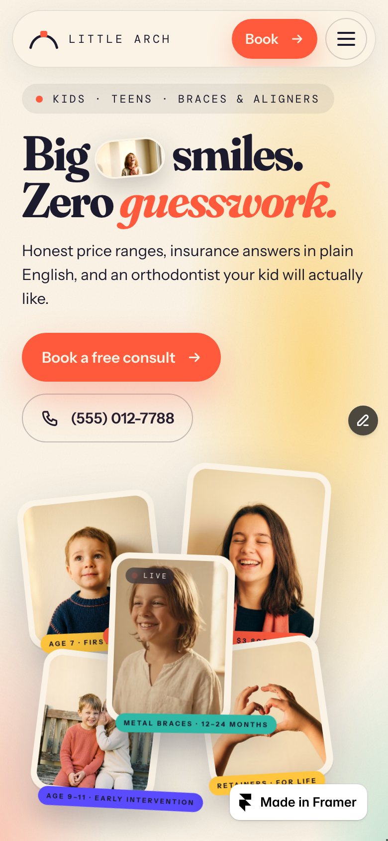 BRACKET SMILE on a phone — the same Framer template at 390 px