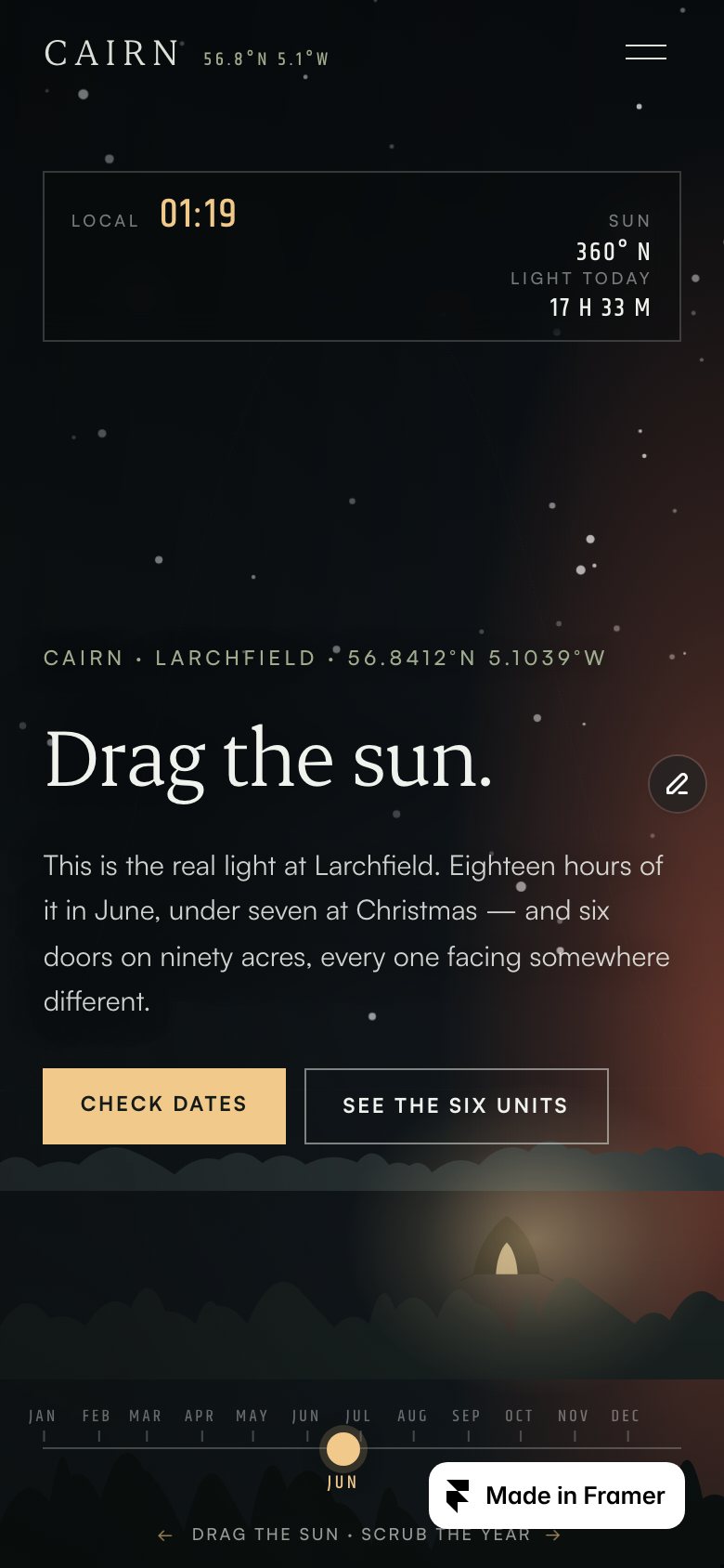 CAIRN on a phone — the same Framer template at 390 px