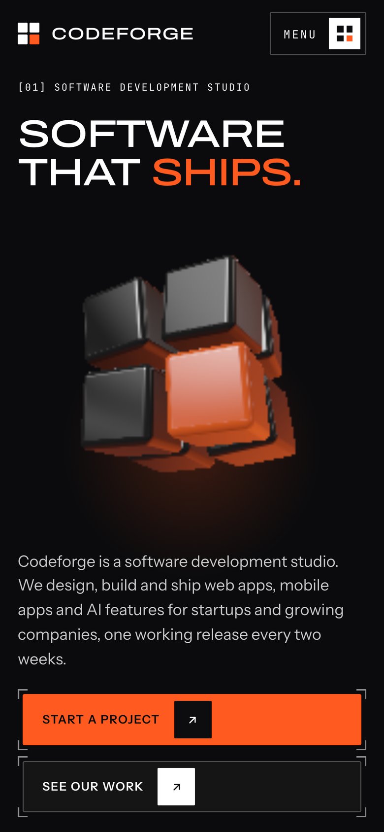 Codeforge on a phone — the same Framer template at 390 px