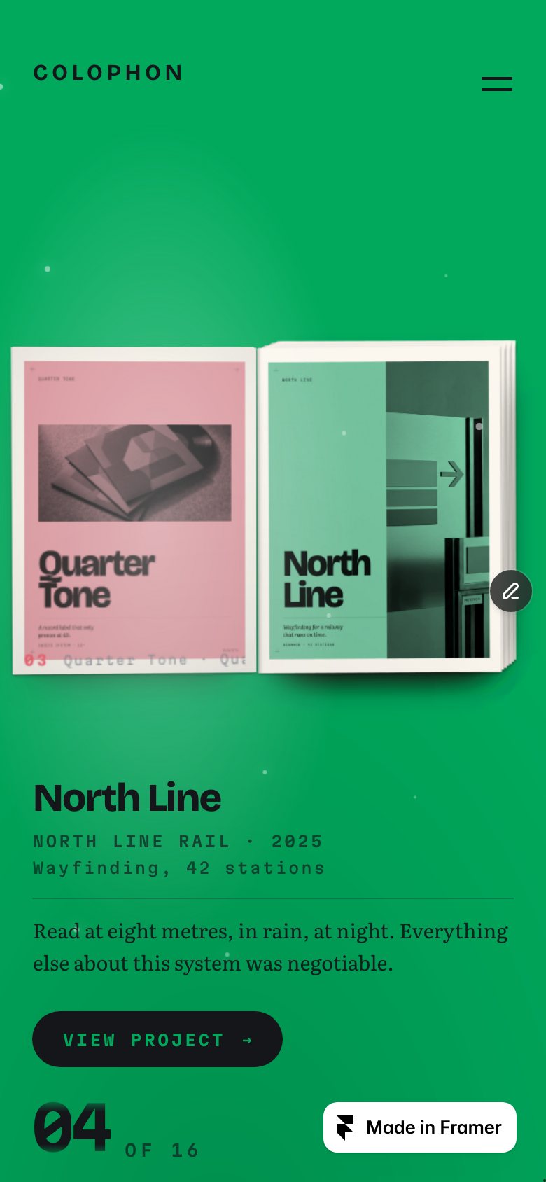 COLOPHON on a phone — the same Framer template at 390 px