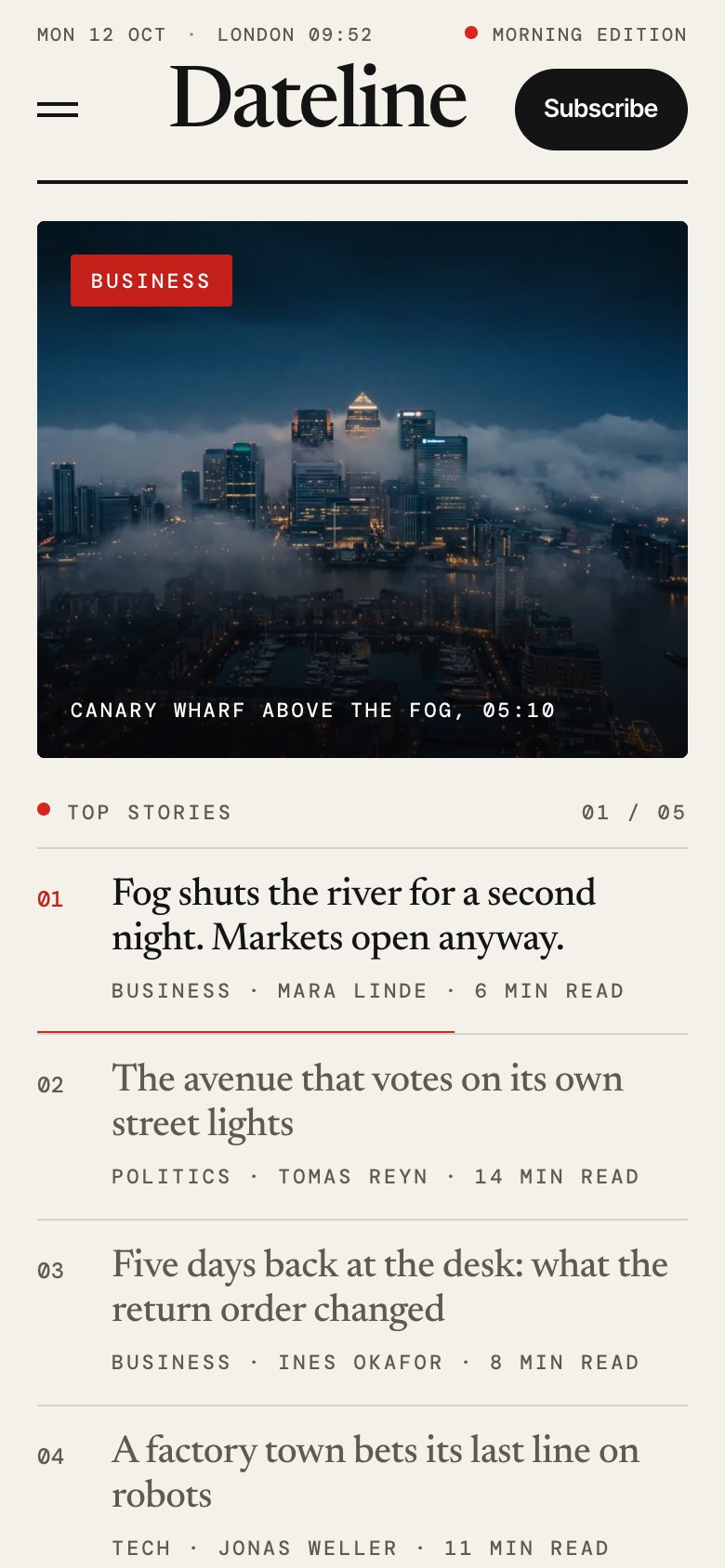 Dateline on a phone — the same Framer template at 390 px