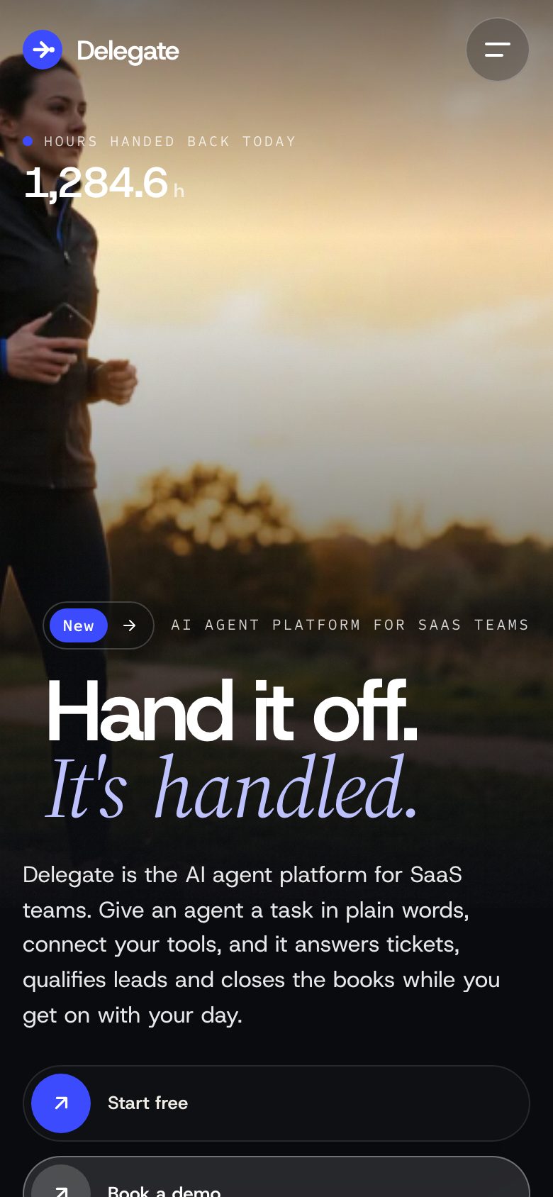 Delegate on a phone — the same Framer template at 390 px