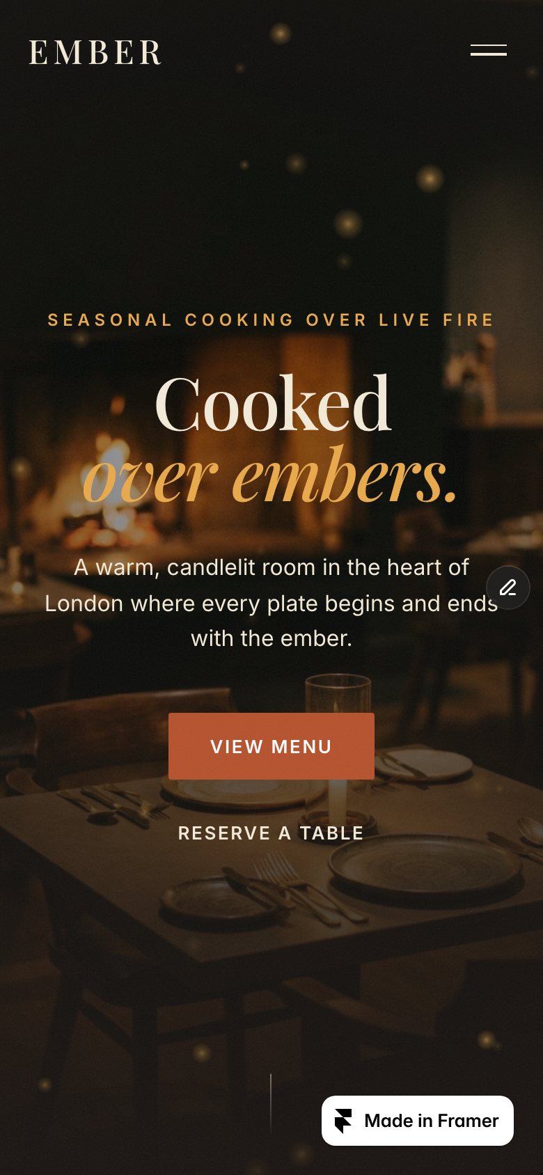 EMBER DINING on a phone — the same Framer template at 390 px