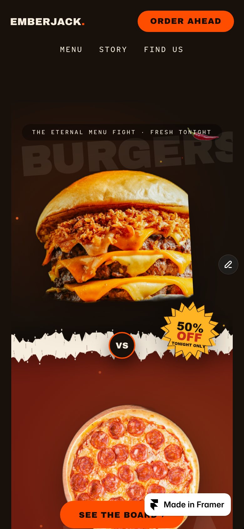 EMBERJACK on a phone — the same Framer template at 390 px
