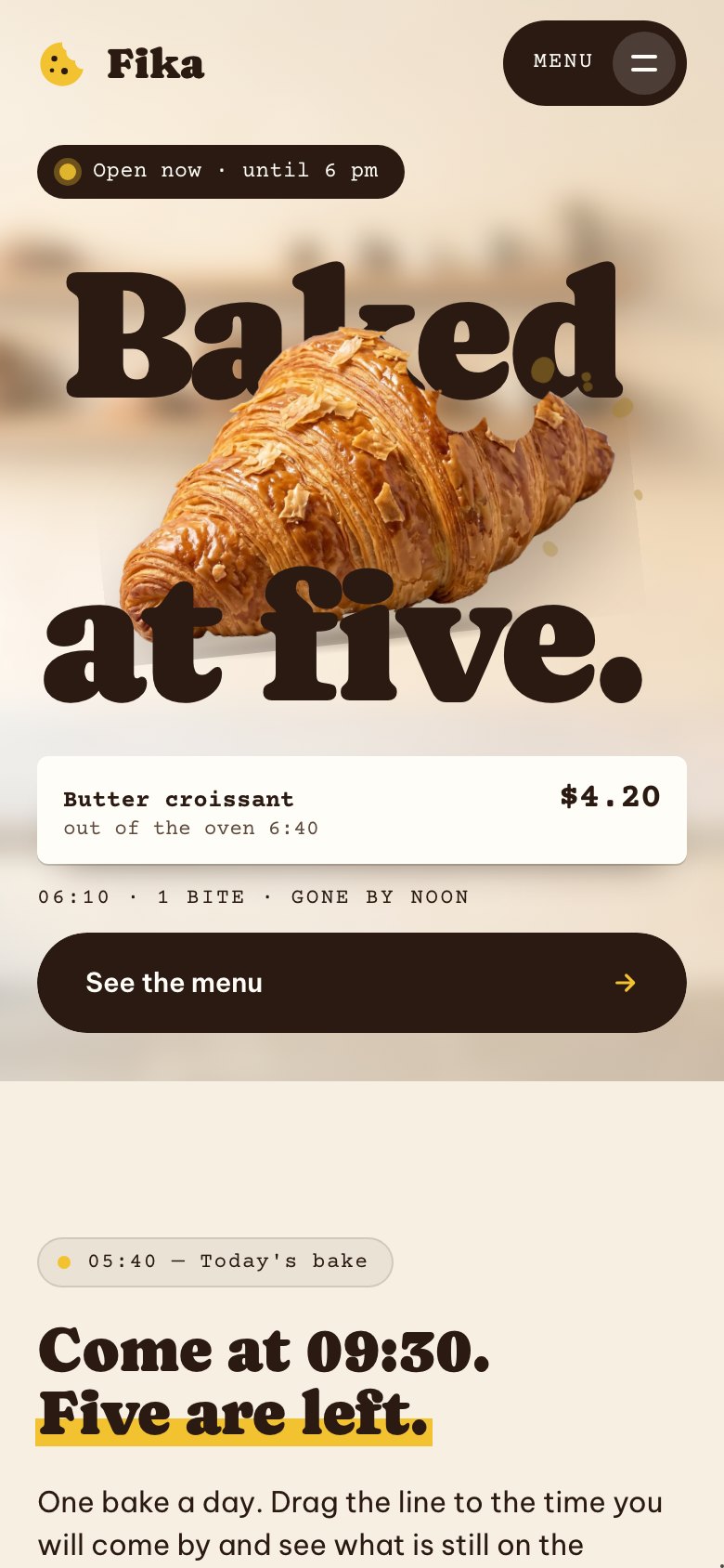 Fika on a phone — the same Framer template at 390 px