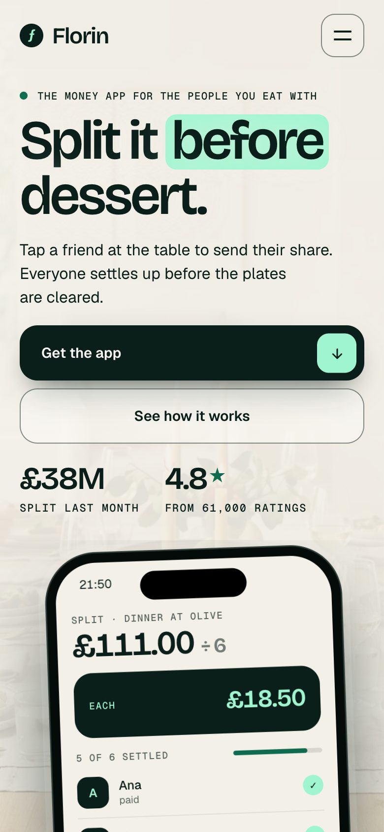 Florin on a phone — the same Framer template at 390 px