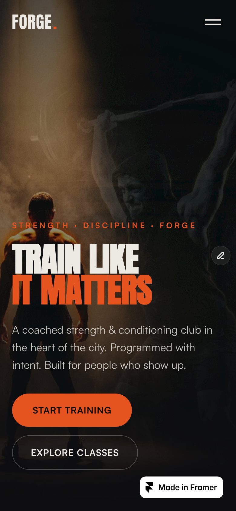 FORGE Athletic on a phone — the same Framer template at 390 px